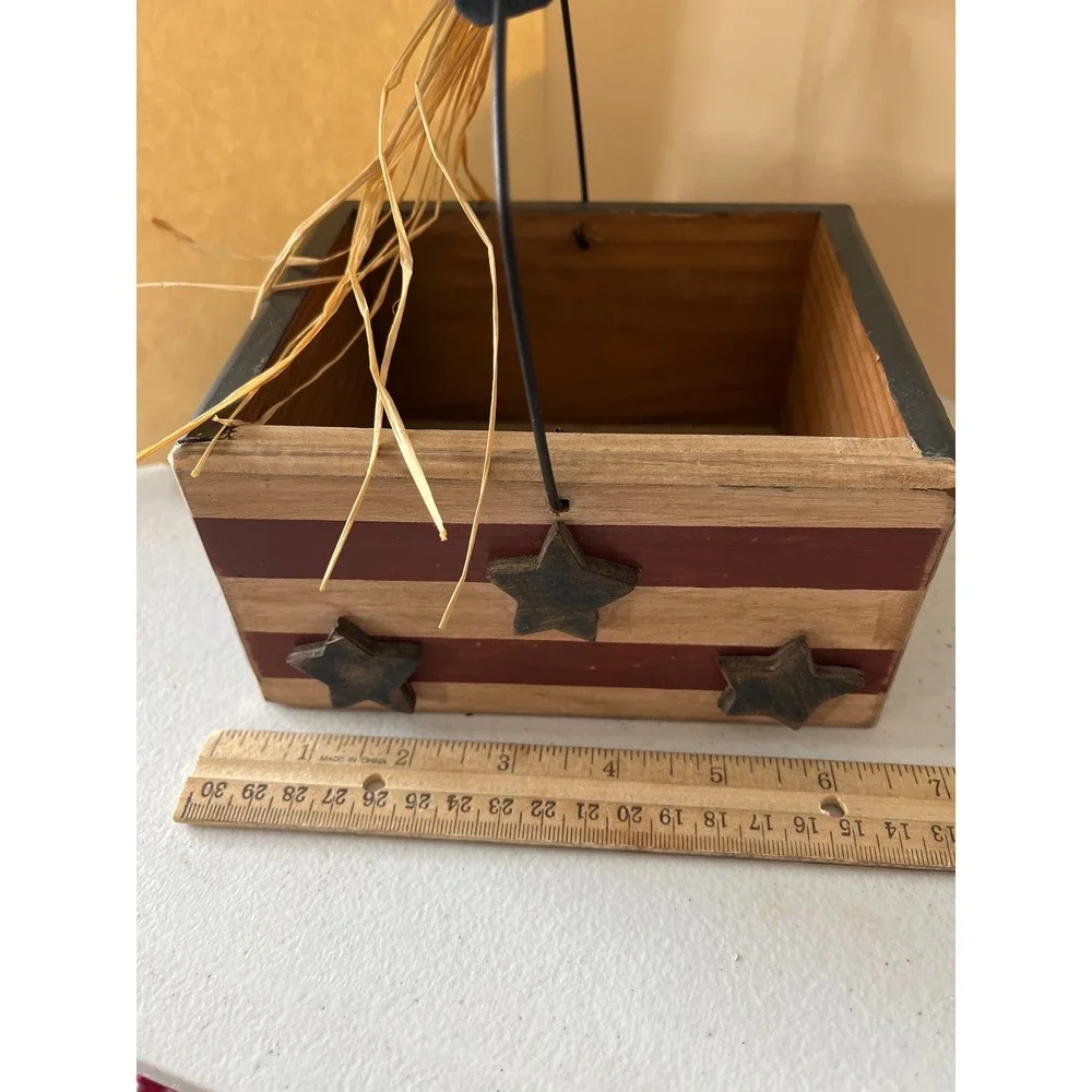 Primitive Americana Wooden Basket Rustic Patriotic Star Stripe Decor Wire Handle